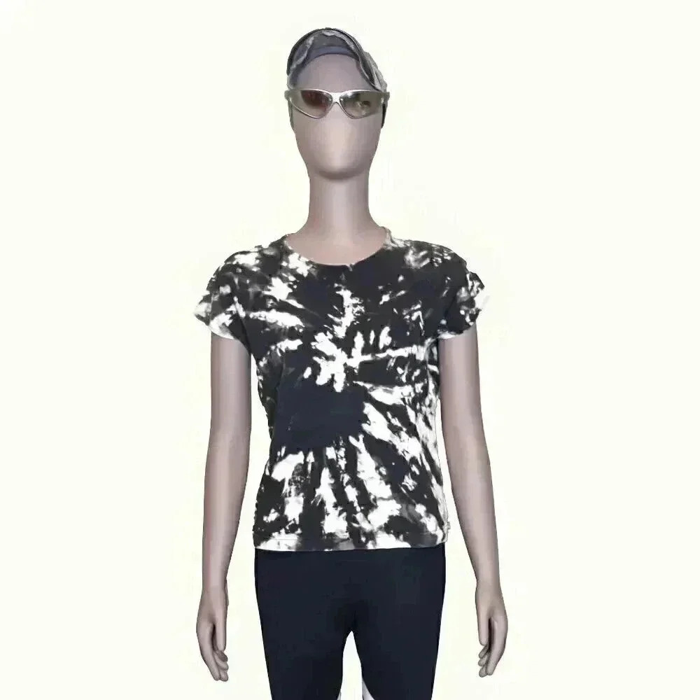 Vintage 90s Black & White Tie Dye Baby Tee Shirt Small Scoop Neck Top Athlesiure